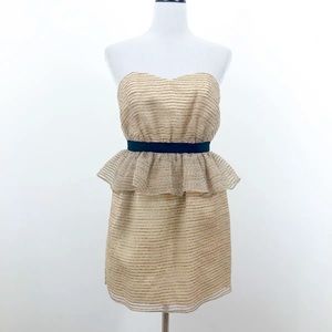 BCBGeneration Strapless Peplum Dress Size 4 Stripe Metallic Beige Cocktail